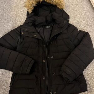 Superdry Dark Puffer Jacket with Faux Fur Hood